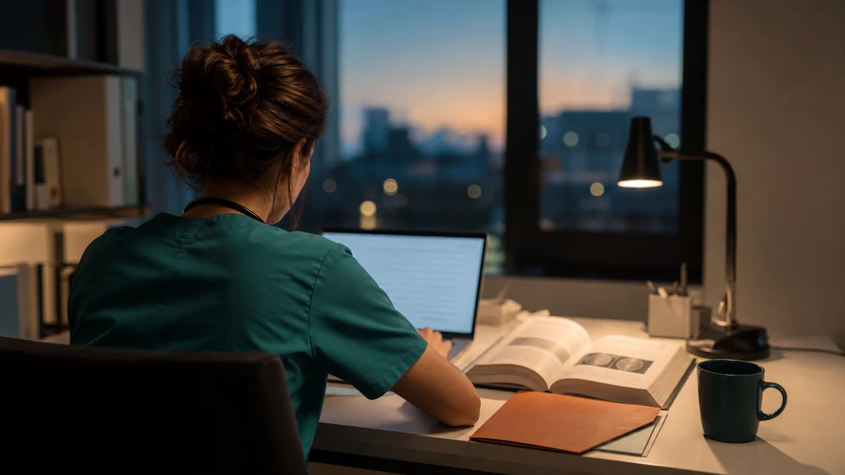 Ärztin arbeitet abends nach dem Dienst an ihrer Doktorarbeit am Laptop — Symbolbild für das berufsbegleitende Promovieren in der Medizin