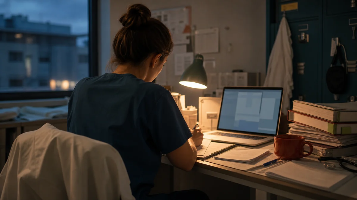 Assistenzarzt arbeitet im Arztzimmer zwischen zwei Diensten an seiner Doktorarbeit — Symbolbild für die Promotion neben dem Klinikalltag