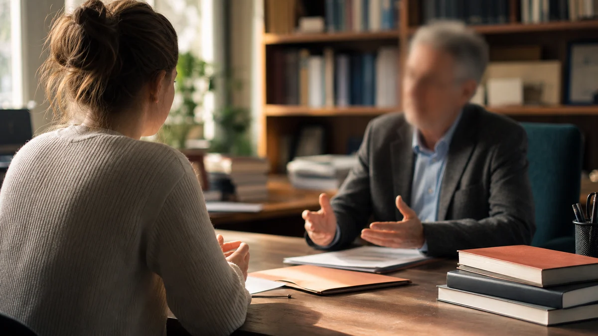 Medizinstudentin im Gespräch mit einem Professor in dessen Büro — Symbolbild für die Suche nach dem Doktorvater in der Medizin