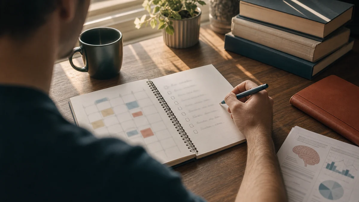 Medizinstudent plant die ersten Schritte seiner Doktorarbeit mit Checkliste und Kalender — Symbolbild für den Start der medizinischen Promotion