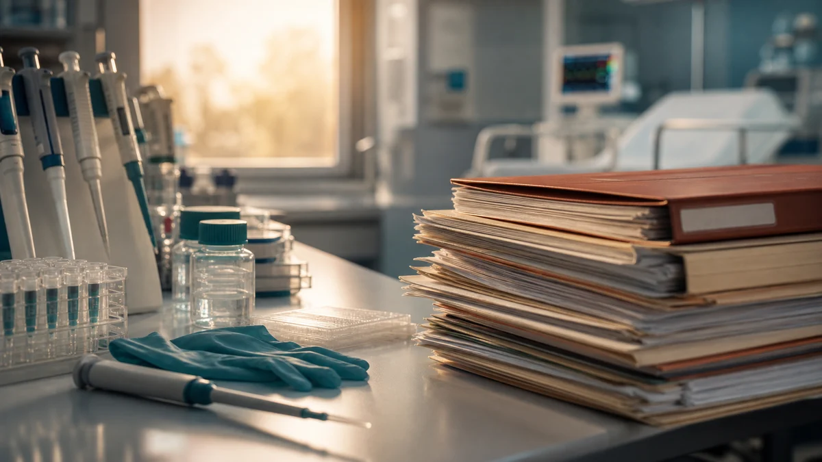 Laborarbeitsplatz mit Pipette neben klinischen Patientenakten — Symbolbild für den Vergleich klinischer und experimenteller Doktorarbeiten