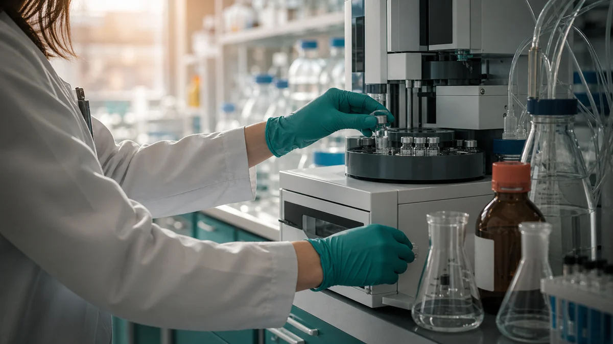 Pharmazie-Doktorandin arbeitet an einer Analyseapparatur im Forschungslabor — Symbolbild für die pharmazeutische Promotion