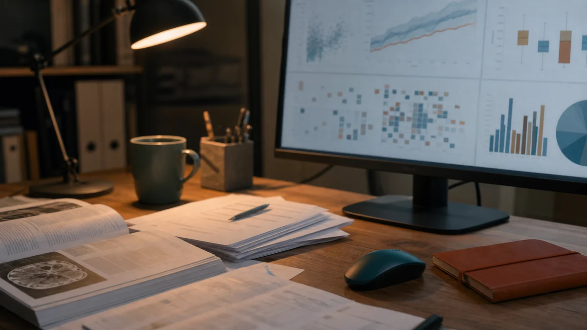 Bildschirm mit statistischer Auswertung und Diagrammen neben medizinischen Unterlagen — Symbolbild für die Statistik der medizinischen Doktorarbeit